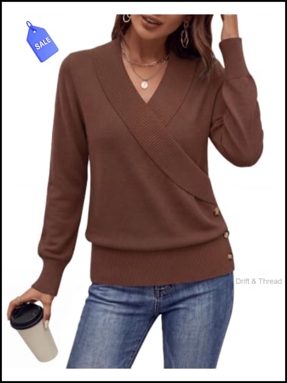 Women's V-Neck Long Sleeve Pullover Sweater Ribbed Knit Casual Work